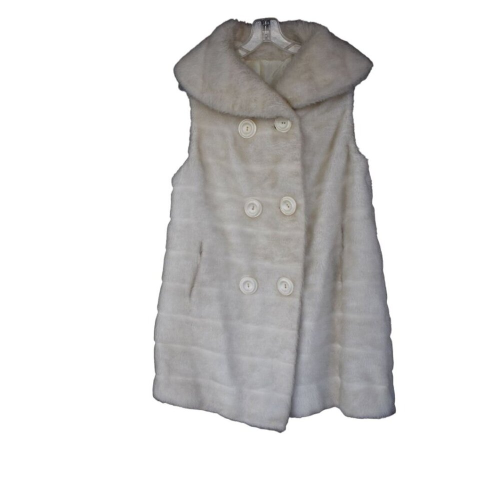 Vintage 1970's Women's White Faux Fur Long Vest Pockets L/XL